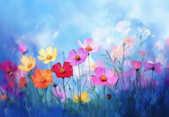 Obraz premium Colorful Cosmos Flowers Blooming in a Vibrant Field Under a Bright Blue Sky with Soft Clouds in the Background, Perfect for Nature and Spring Themes
