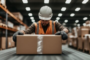 A warehouse expert wearing protective gear closely inspects a shipment package on a conveyor belt, representing meticulous attention to quality and detail in logistics.