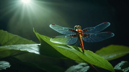 A closeup of a dragonfly resting on a leaf