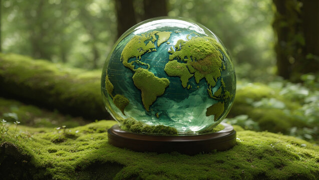 A clear globe, detailed with moss and the Earth's continents, sits on a mossy base in a lush forest.

