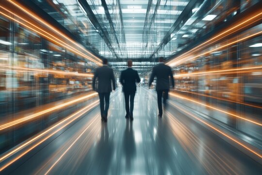 Three people walk through a modern, illuminated corridor with glowing ambient lighting, capturing a sense of innovation, teamwork, and forward thinking in a sleek environment.