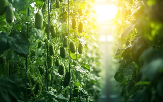 Closeup of homegrown cucumbers hanging on vines inside a greenhouse, natural light highlighting the organic vegetables