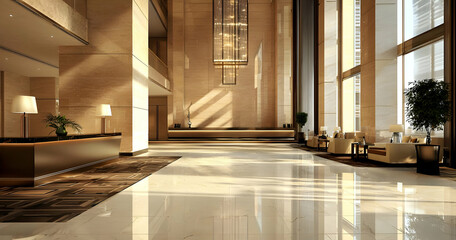 Obraz premium Contemporary hotel lobby with chic decor and clean, modern lines.