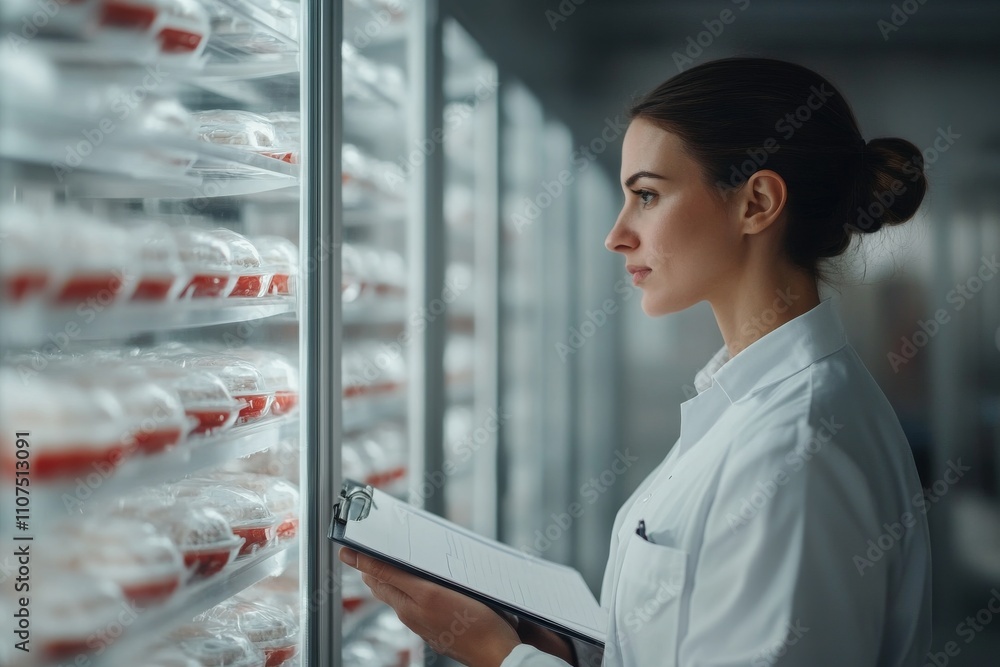 Poster a scientist in a white coat examines lab samples in sterile conditions, holding a clipboard for accu