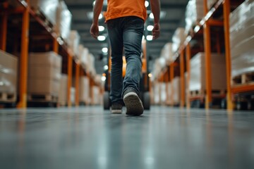 Obraz premium A person walks through a warehouse aisle, with rows of stacked boxes on either side, capturing the sense of movement and purpose in a logistical environment.