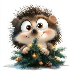 Fototapeta premium Cute cartoon hedgehog with Christmas tree and lights, festive animal