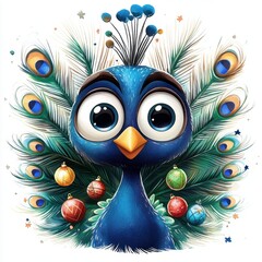 Naklejka premium Colorful cartoon peacock with large eyes surrounded by decorative Christmas ornaments and feathers