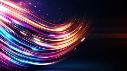 Colorful swirling light streaks sweep across a dark background, creating an abstract visual feast...