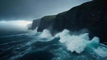 A dramatic cliffside with crashing ocean waves