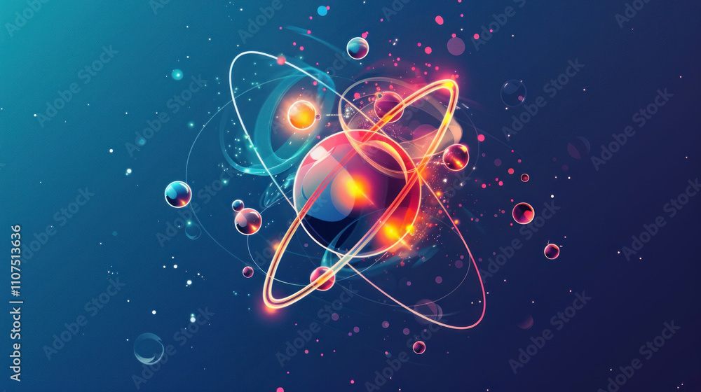 Aufkleber abstract scientific illustration of atom. the central part of the image consists of a brightly illum