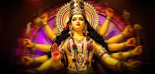 Obraz premium Golden Statue of Hindu Goddess Durga with Multiple Arms
