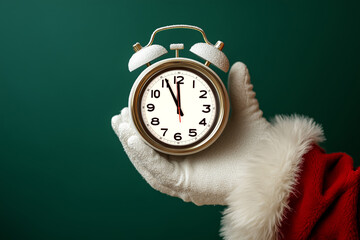 alarm clock held in Santa's hand, symbolizing the countdown to Christmas against a green background.