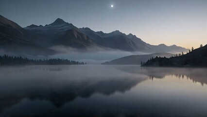A foggy early morning over a lake with distant mountains
