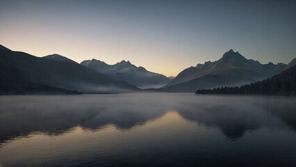 Obraz premium A foggy early morning over a lake with distant mountains