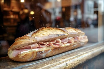 A close-up of a French jambon-beurre sandwich with crusty baguette, thin ham layers, and butter, in a rustic bakery window, reflecting Parisian charm. Sandwich jambon beurre