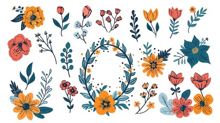 Collection of hand-drawn floral elements, including flowers, leaves, and a wreath, in a vintage style.