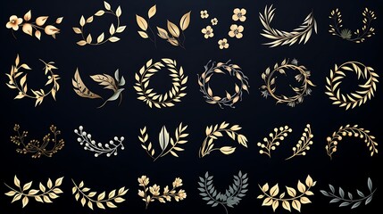 Collection of elegant gold and grey floral wreaths, branches, leaves, and flowers on a dark background.