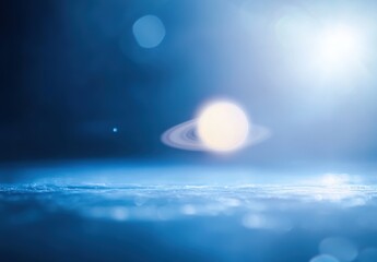 Obraz premium Dreamlike celestial scene featuring a brilliant star and a stunning planet with rings, set against a soft blue cosmic background filled with light and mystery.