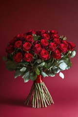 Fototapeta premium Elegant and Luxurious Bouquet of Red Roses on a Rich Burgundy Background Perfect for Romantic Occasions and Celebrations, Symbolizing Love and Passion