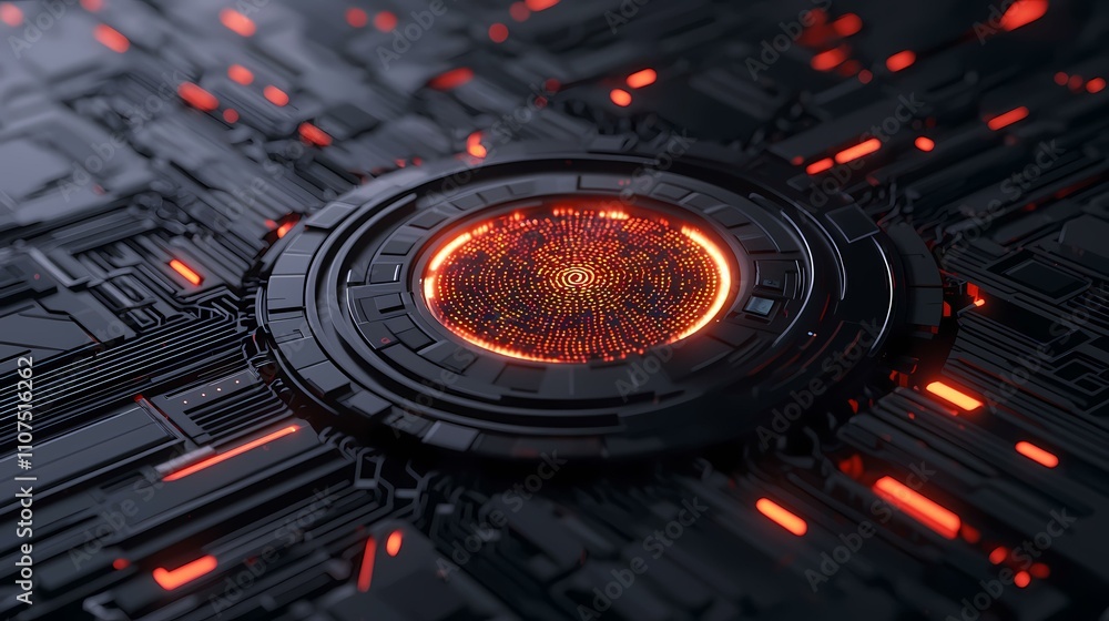 Poster the image shows a futuristic, dark grey metallic device with a central circular component emitting a
