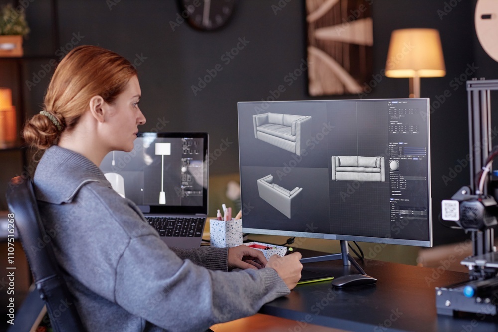 Poster woman sitting at desk, focusing on 3d modeling software displayed on her computer screen. office env
