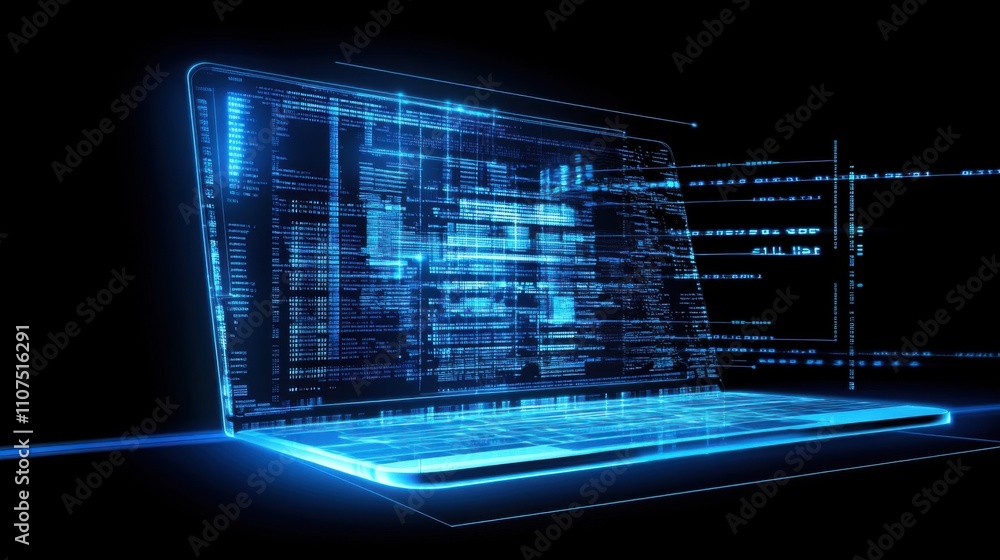 Poster futuristic laptop displaying blue digital data streams and code in dark environment, representing te