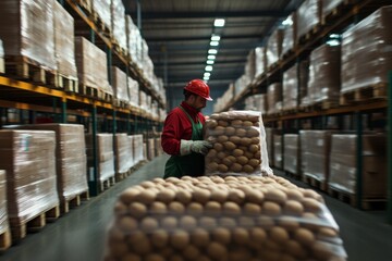 A warehouse worker in a red uniform is depicted organizing boxes in a spacious, well-lit storage facility, showcasing a lively scene of logistics and efficiency.