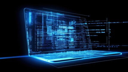 Futuristic Laptop Displaying Blue Digital Data Streams and Code in Dark Environment, Representing Technology, Innovation, and Cybersecurity Concepts