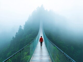 Fototapeta premium Daring adventurer crosses high suspension bridge in misty mountains capturing the thrill of nature’s beauty travel experience scenic viewpoint adventure concept