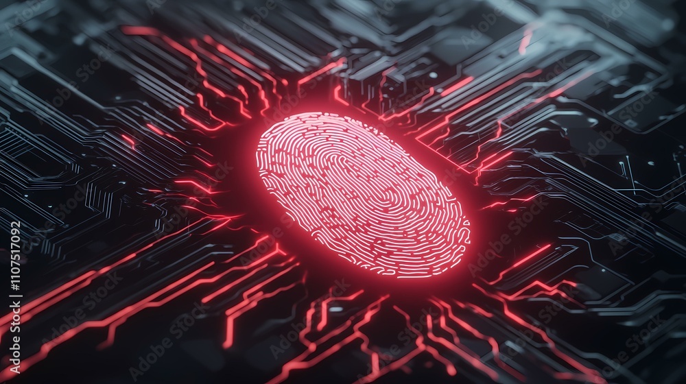 Aufkleber a glowing red fingerprint is displayed on a dark, circuit board-like surface, representing digital s