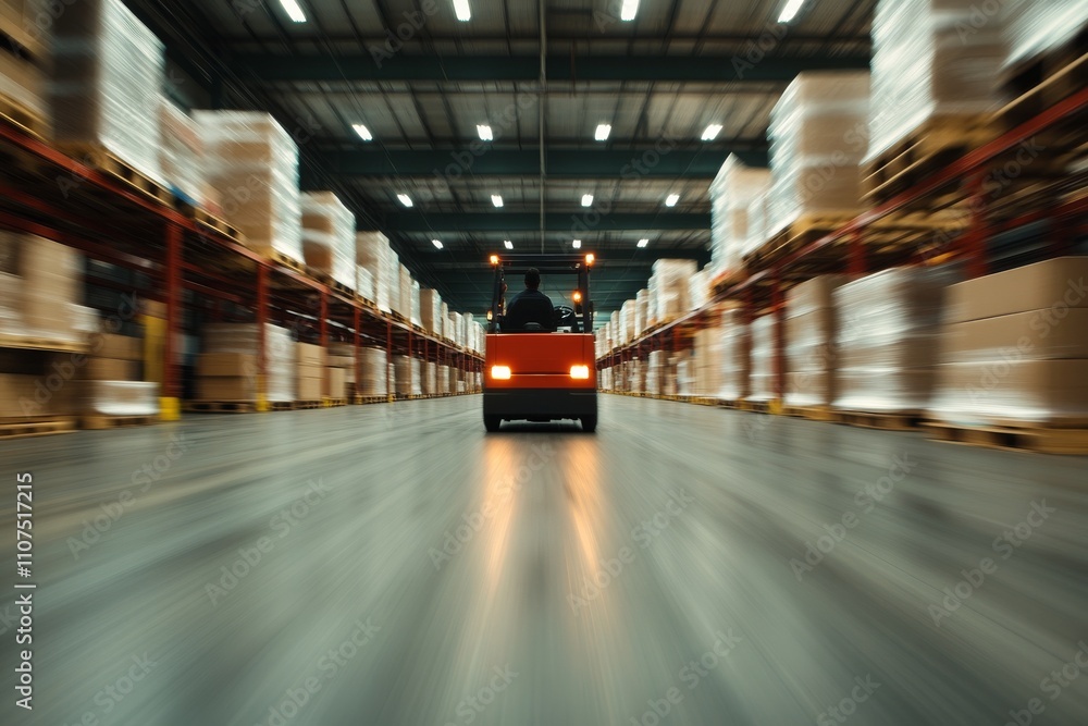 Poster a dynamic image capturing a forklift in a fast motion, driving down an aisle in a warehouse filled w