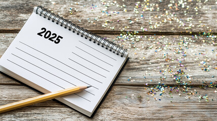 New Year Planning Notebook with Glittering Confetti on Rustic Wooden Table