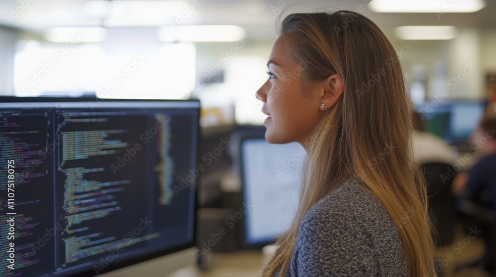 Poster focused woman engages with computer code on a screen in a bustling office. the bright workspace high