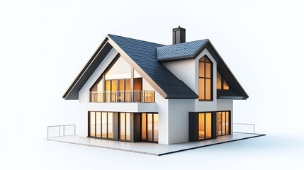 3d glass house home model isolated on white background, architecture design concept, modern window building property illustration showcasing exterior structure and interior layout.