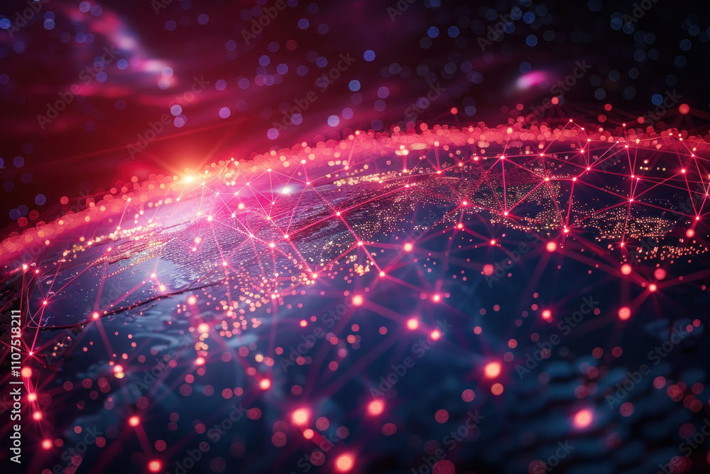 Poster world map made in digital art style. continents are indicated by glowing red and pink dots and lines