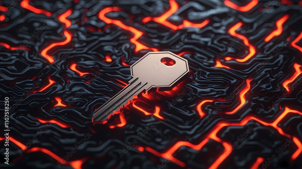 Poster a metallic key rests on a dark, abstract surface resembling a circuit board with glowing orange line