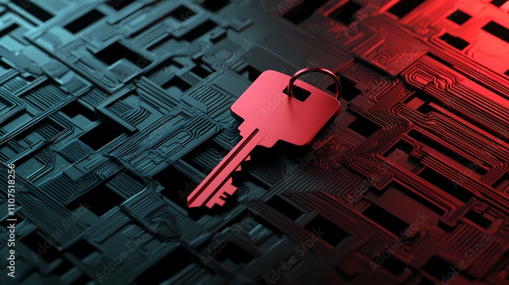 Poster a red key rests on a dark, intricately patterned surface resembling a circuit board, illuminated wit