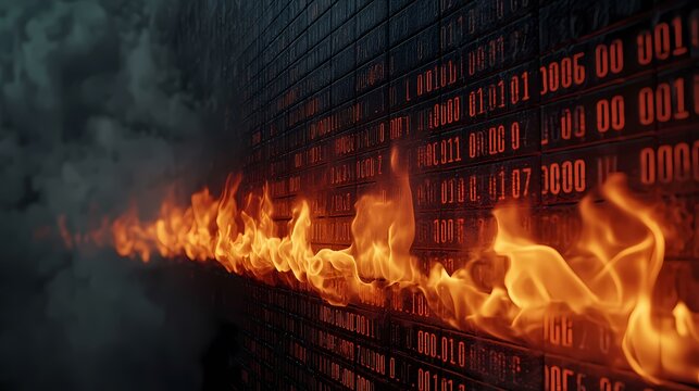 A wall of binary code is engulfed in flames, the fire creating a dramatic contrast against the dark, smoky background.