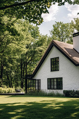 Obraz premium A white house with black windows and roof, surrounded by green trees on the lawn, stands in front of it. The exterior walls have dark brown wood trim, creating an elegant atmosphere.