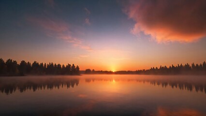 A vibrant sunset over a peaceful lake