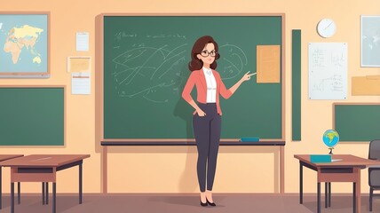 A young female teacher teaching students in a classroom, illustrated in flat cartoon style.