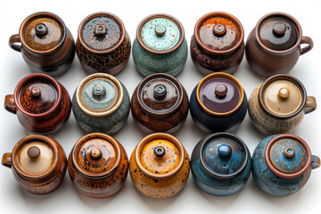 a collection of ceramic pots with lids laid out in neat rows on a white background. Each pot has a unique design and color palette, including shades of brown, blue, green and beige.  