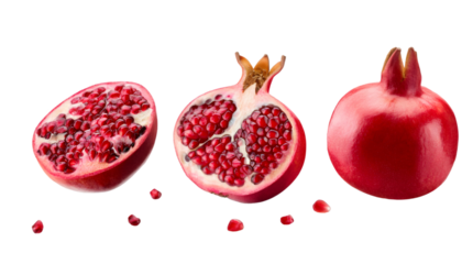 Ripe pomegranate fruit, halved and quartered with seeds falling, isolated on a transparent background