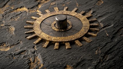 Obraz premium Intricate gear mechanism close-up industrial workshop photography dim lighting macro perspective mechanical precision