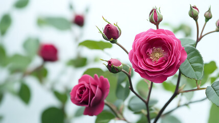 Fototapeta premium Red rose branch with green leaf, isolated blossom flower in garden, with fresh nature plant and floral natural petal bloom, white background.
