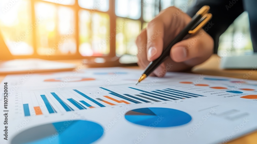 Poster professional business analysis with graphs and charts on a table, highlighting financial data and st