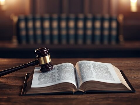 Labor law and justice cocept. Open law book with gavel on wooden table, symbolizing justice and legal matters.