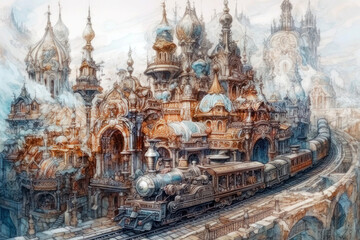 Fototapeta premium A fantasy architectural landscape with stunning, detailed steampunk buildings. In the foreground is a vintage train moving along the railroad tracks that run through the city 