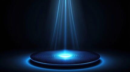 Abstract illumination with a deep blue light beam emanating from above, creating a mystical aura over a glowing circular platform in a dark environment