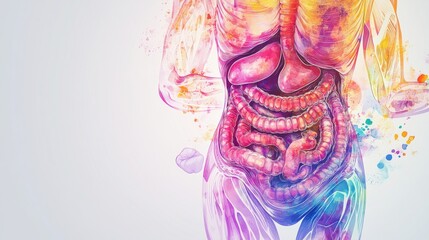 Fototapeta premium An artistic depiction of the human digestive system with vibrant, animated digestive processes and glowing organs, set against a soothing